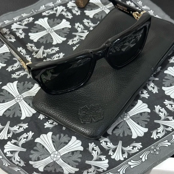 Chrome Hearts “Box-Officer”Sunglasses, Gloss Black with 18k Gold Plated Design